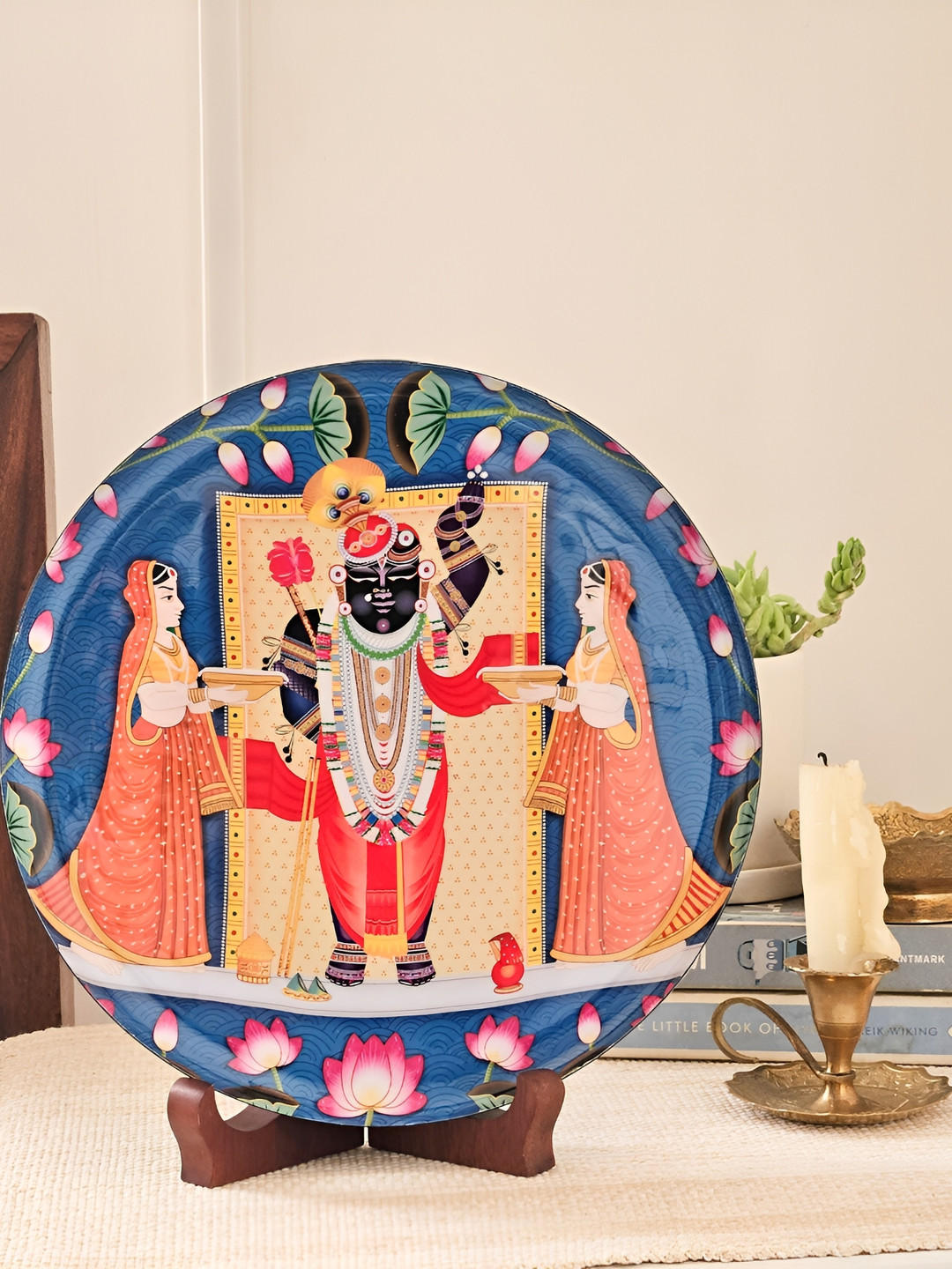 

Ritualistic Blue & Red Printed Srinathji Wall Decor Plate With Stand