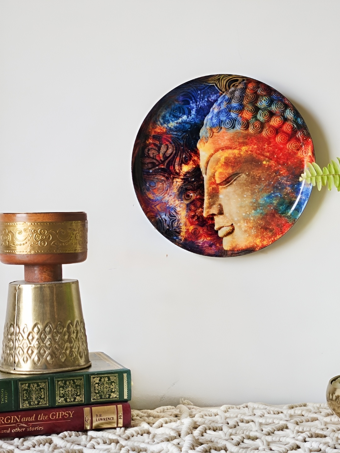 RITUALISTIC Orange & Blue Ceramic Buddha designed Wall Decor Plate, Black
