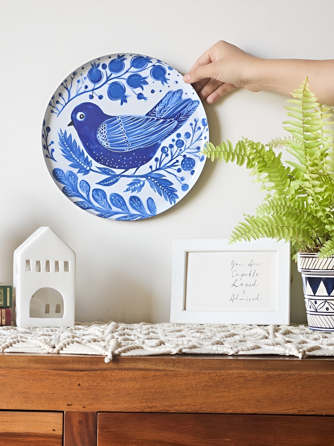 

Ritualistic Blue & White Bird Printed Metal Wall Plate