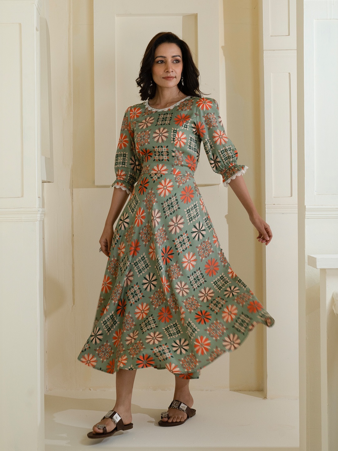

Seryeon Floral Printed Puff Sleeves Lace Inserts Modal Midi Fit & Flare Dress, Grey