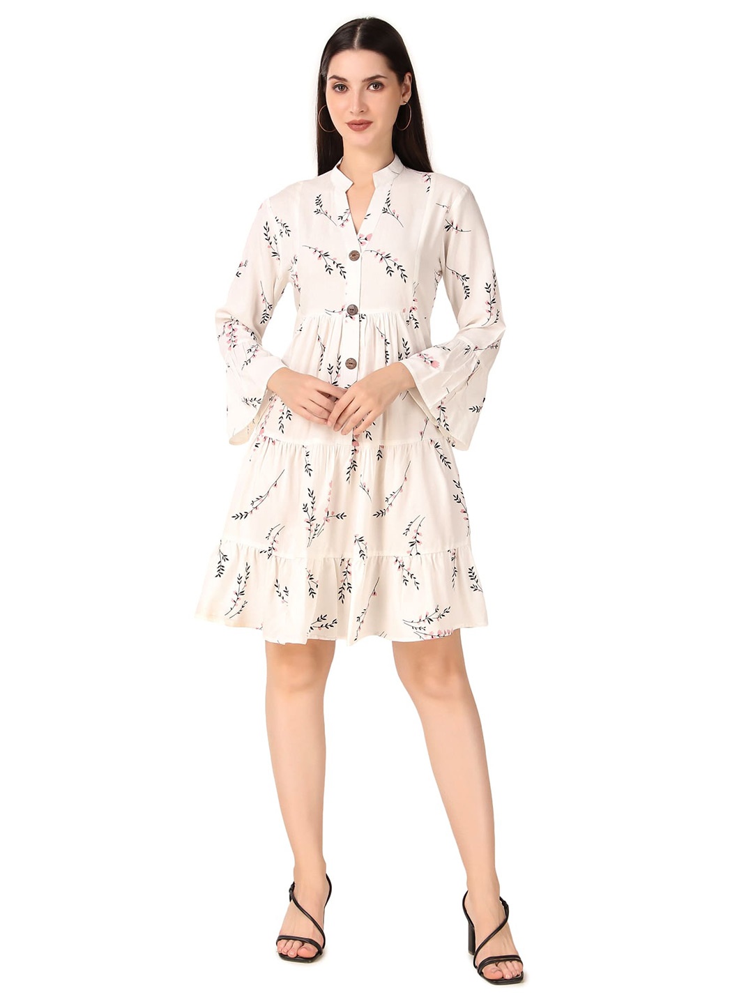 

Seryeon Floral Printed Mandarin Collar Bell Sleeves Gathered Tiered A-Line Dress, White