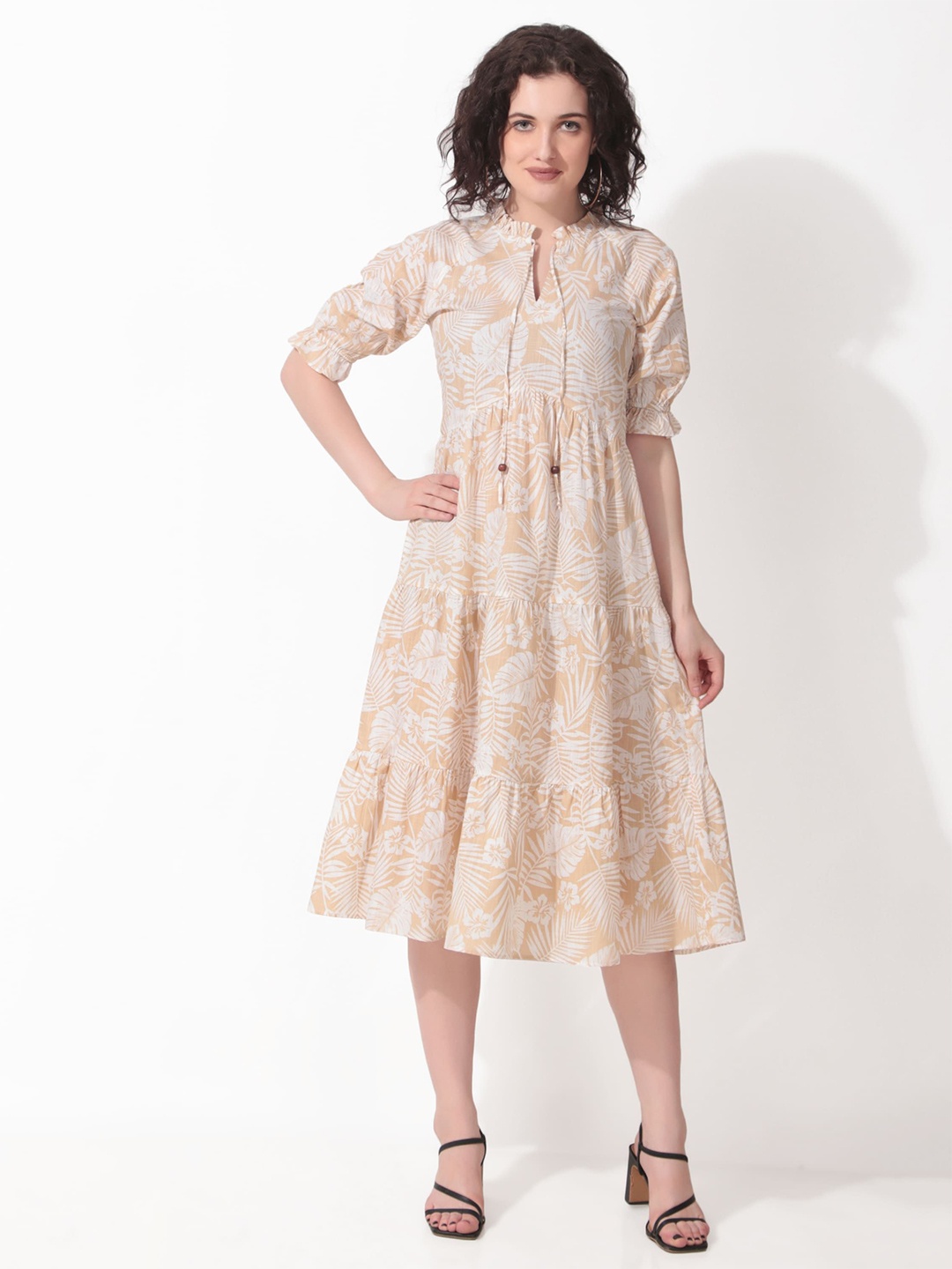 

Seryeon Floral Printed Tie-Up Neck Liva Fit & Flare Midi Dress, Beige
