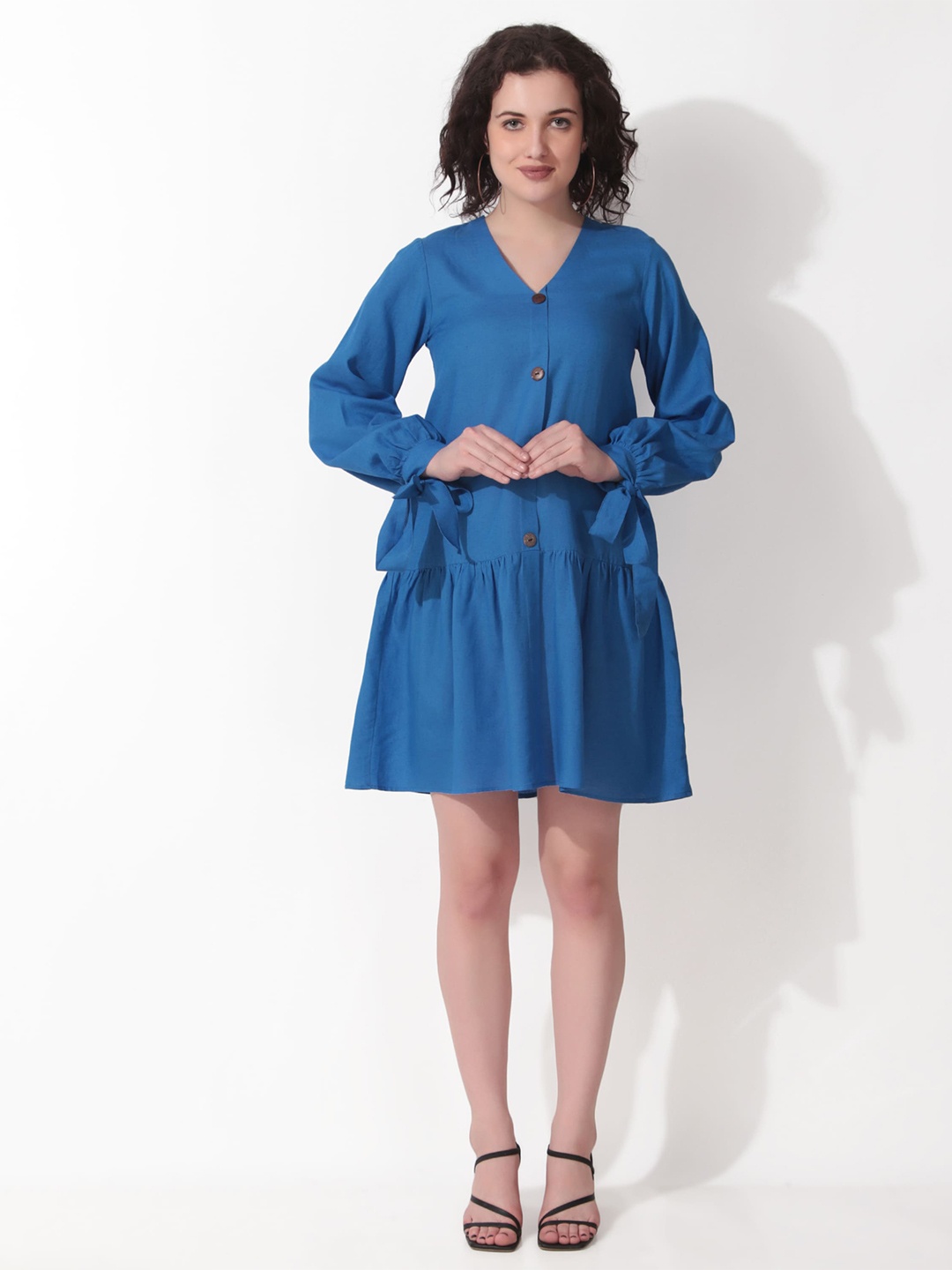 

Seryeon V-Neck Cuffed Sleeves Gathered Cotton A-Line Dress, Blue