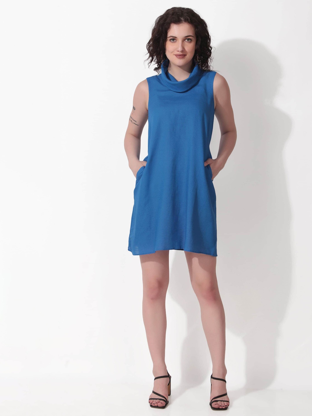 

Seryeon Cowl Neck Cotton Mini A-Line Dress, Blue