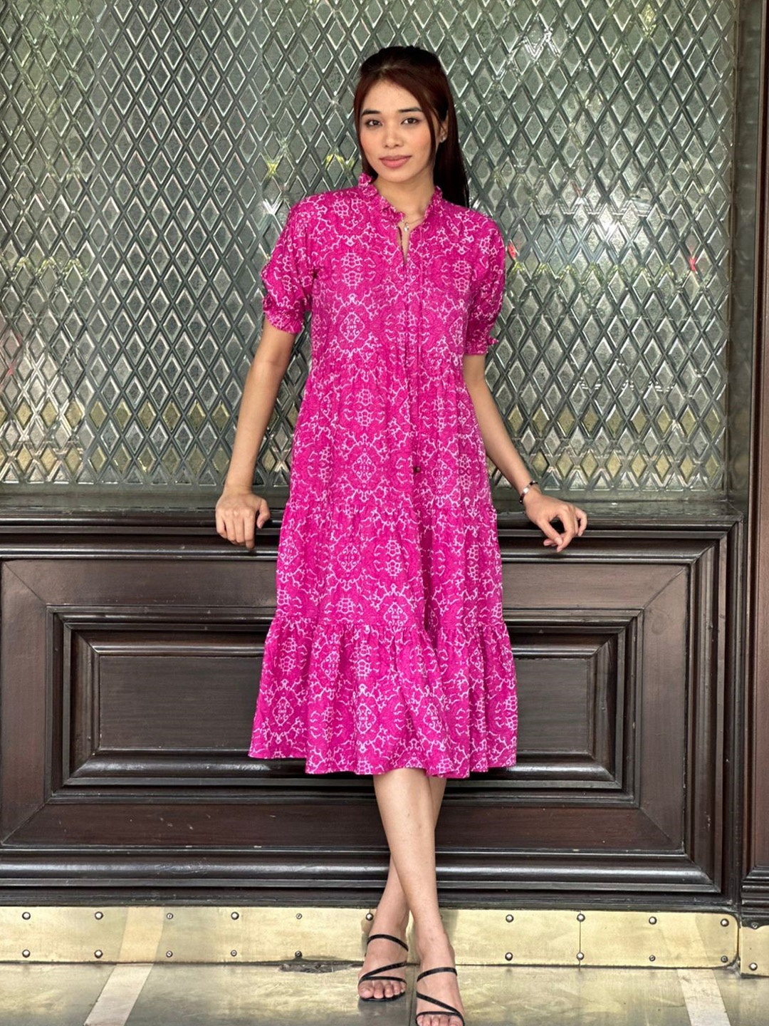 

Seryeon Floral Printed Puff Sleeve Liva Fit & Flare Midi Dress, Pink