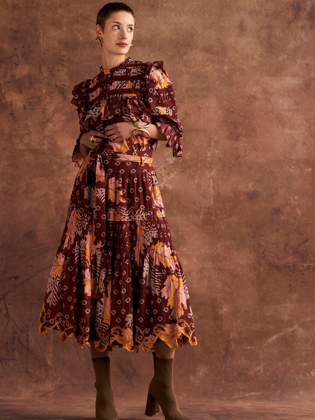 

VERB BY PALLAVI SINGHEE Printed Pure Cotton Top with Flared Skirt, Brown