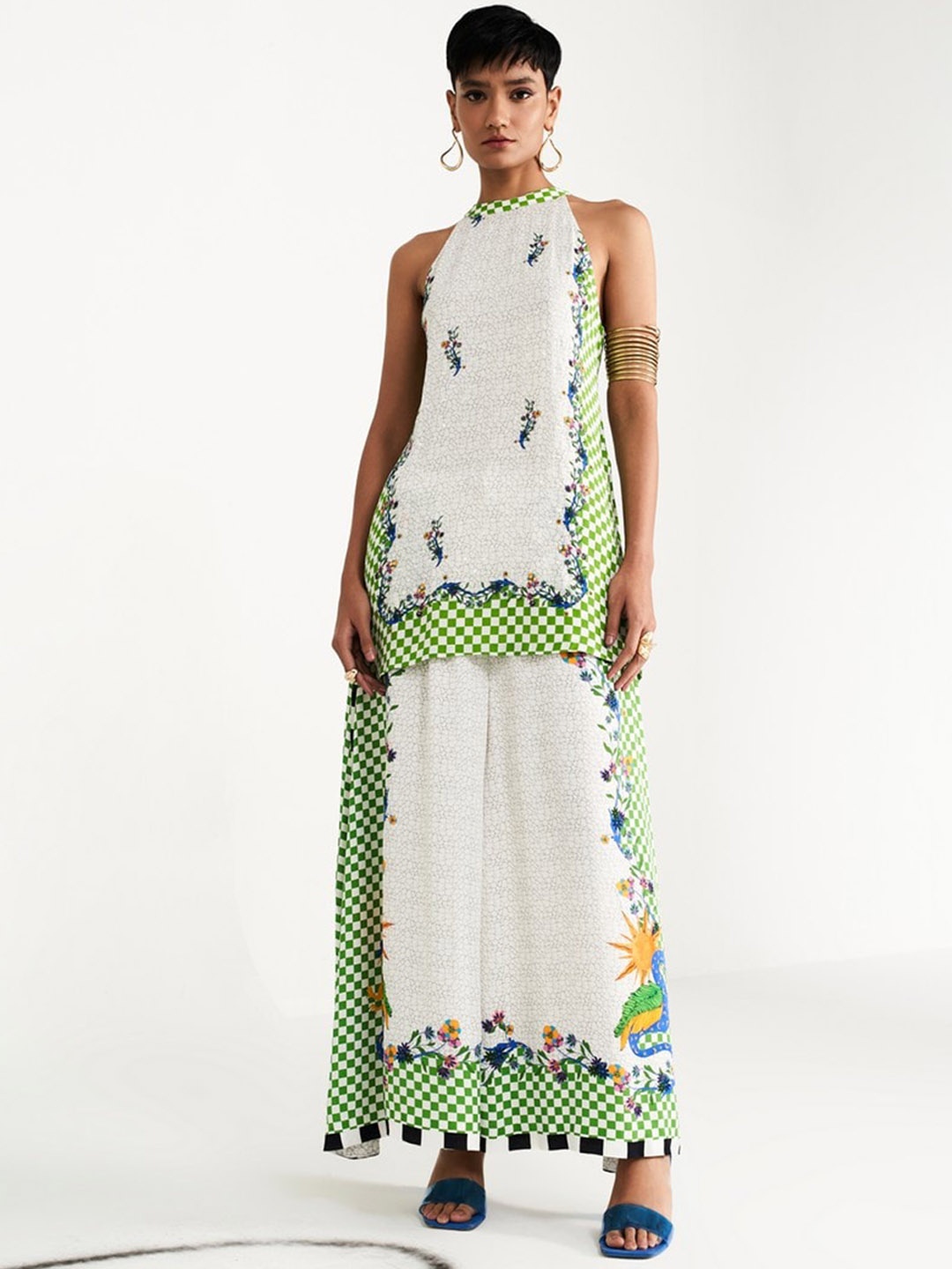 

VERB BY PALLAVI SINGH Printed Halter Neck Tunic With Flared Palazzos Co-Ords, White