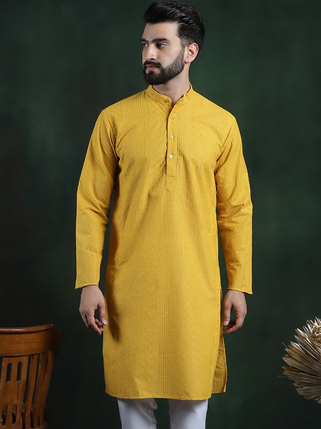 

SOJANYA Ethnic Motifs Embroidered Mandarin Collar Thread Work Cotton Straight Kurta, Mustard