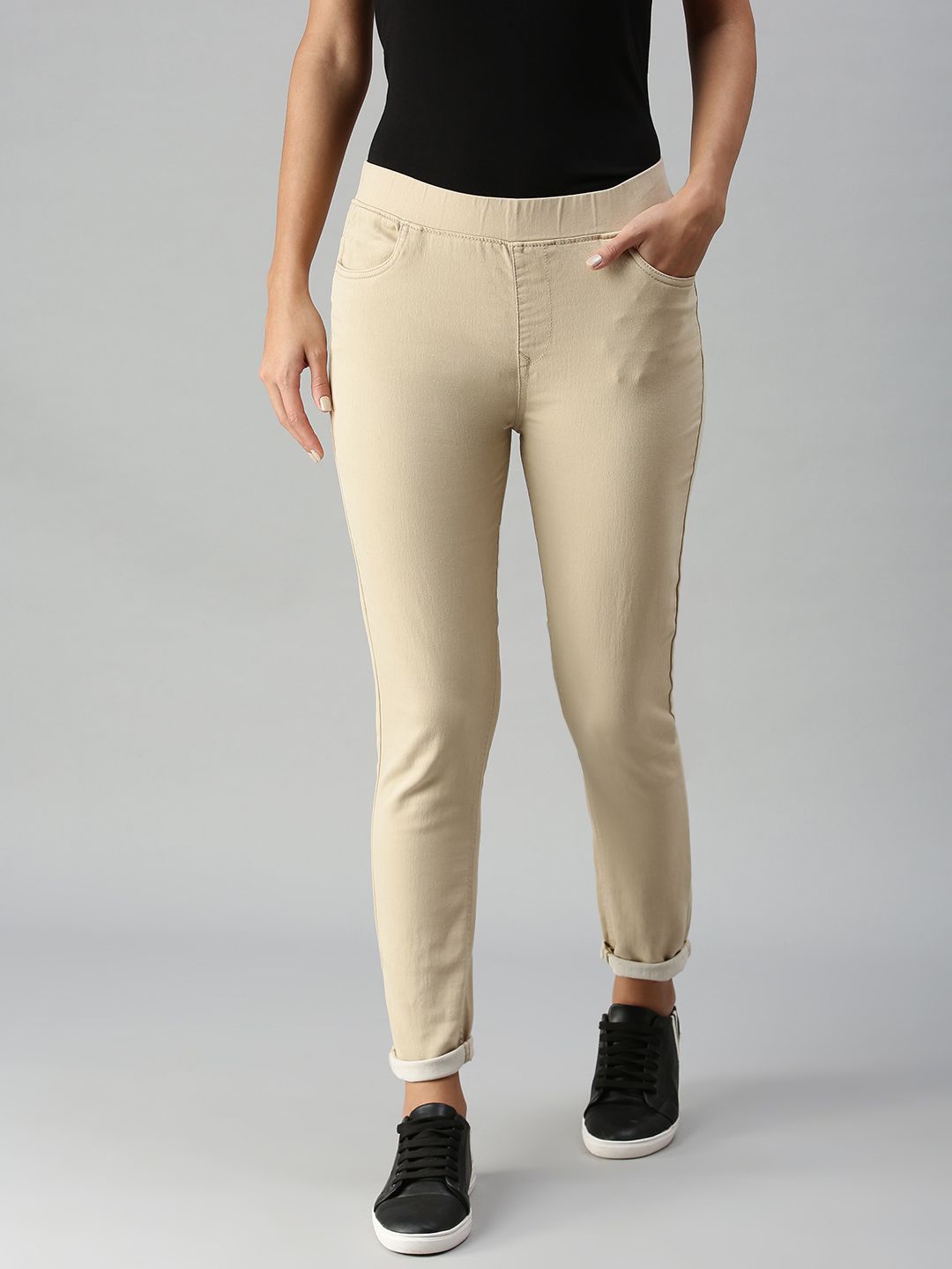 

De Moza Women Skinny Fit Woven, Nude