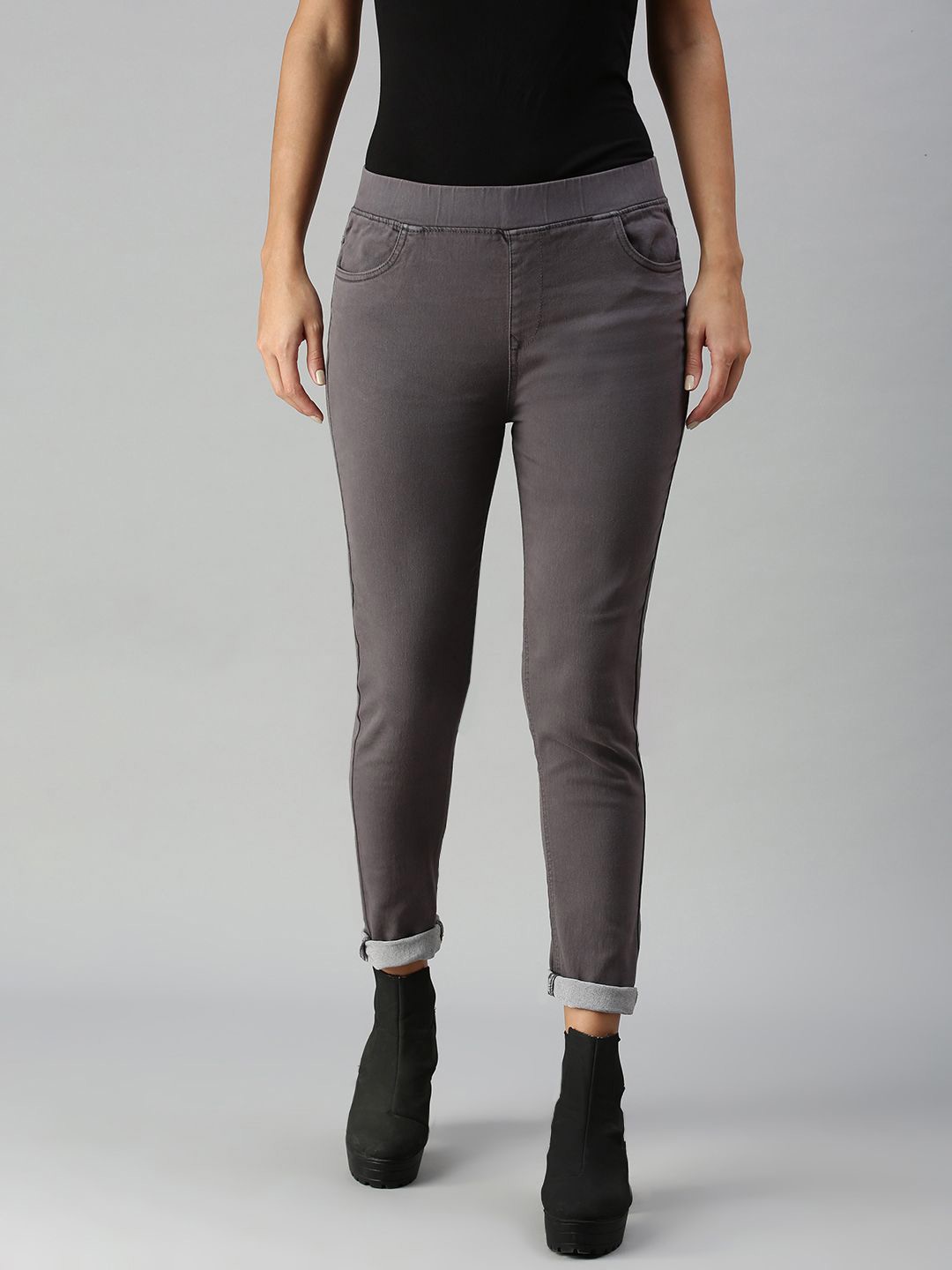 

De Moza Women Solid Skinny Fit Woven, Grey