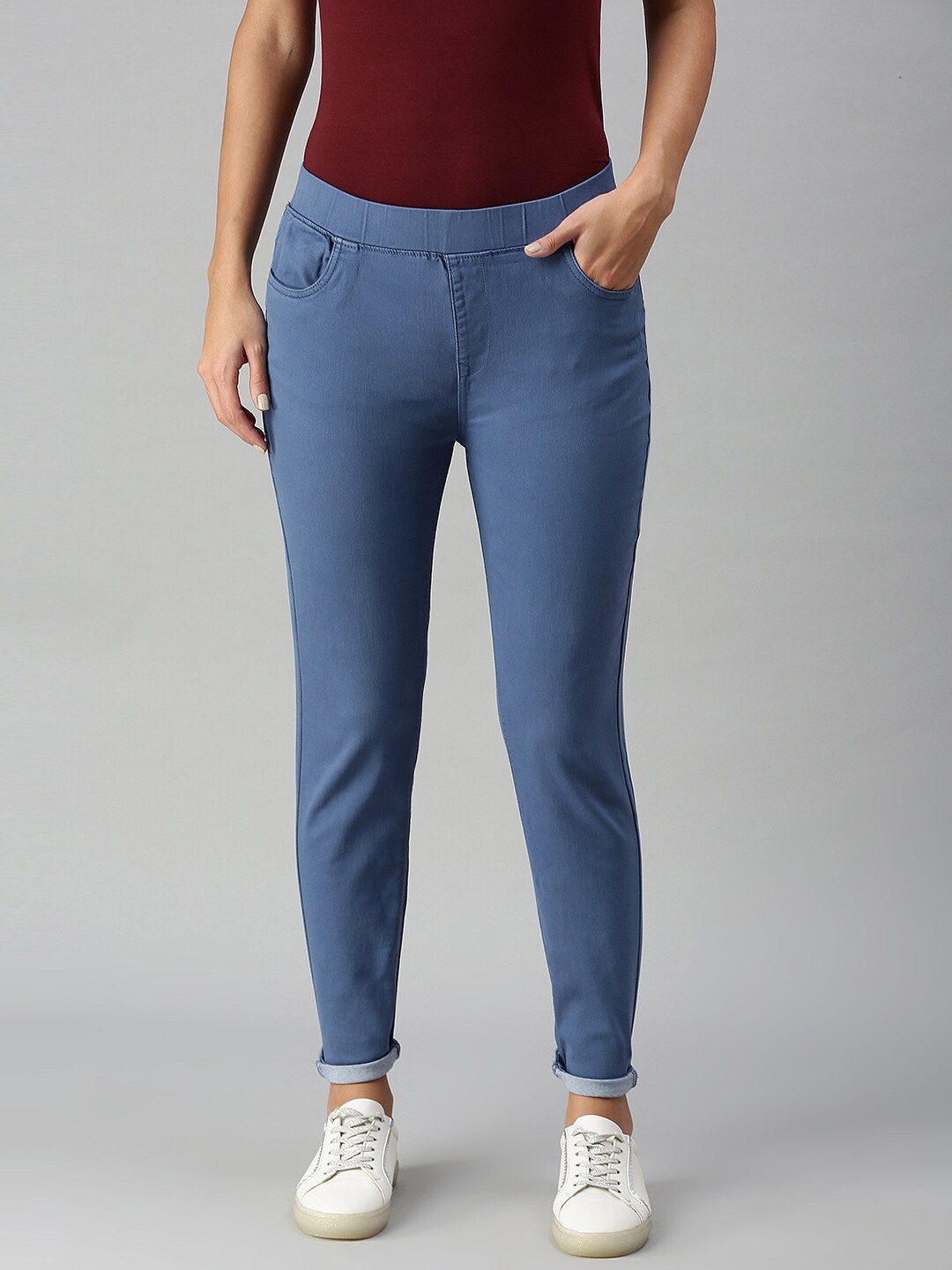

De Moza Women Solid Skinny Fit Woven Jeggings, Navy blue