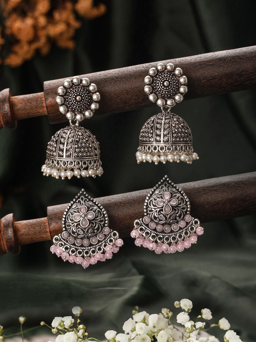 

Jazz and Sizzle Contemporary Jhumkas Earrings, Silver