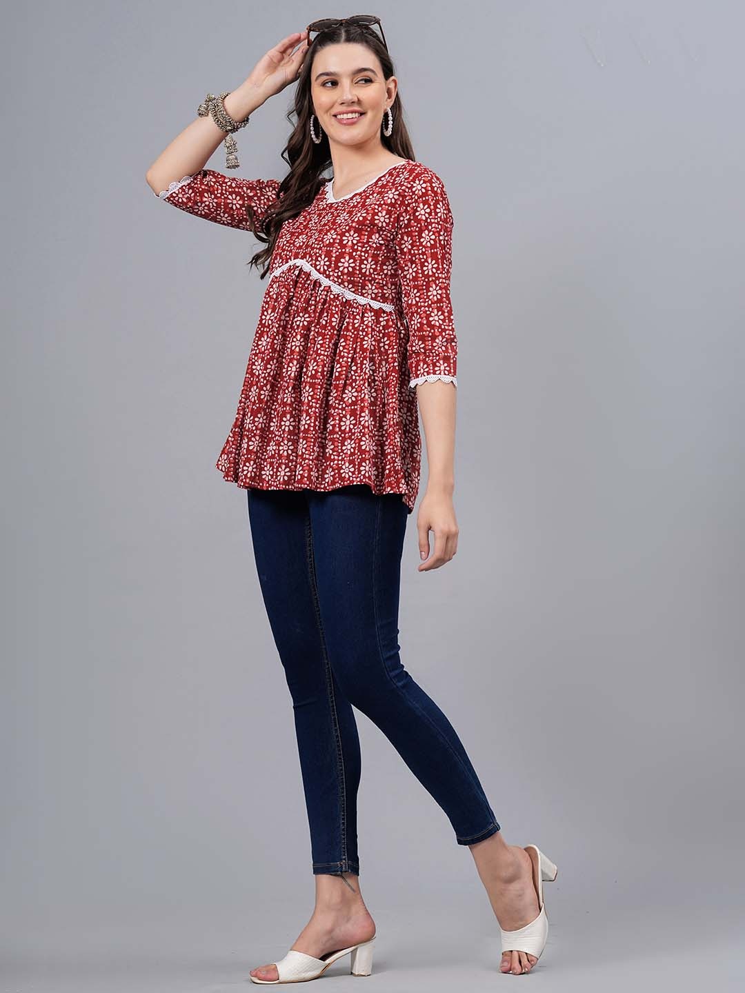 

NEW4U V Neck Floral Print Lace Inserts Cotton Empire Top, Maroon