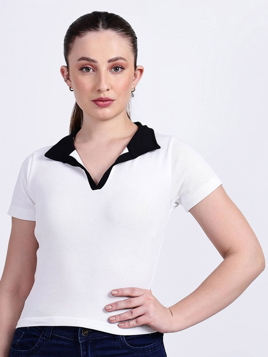 

TABADTOD Shirt Collar Fitted Crop Top, White