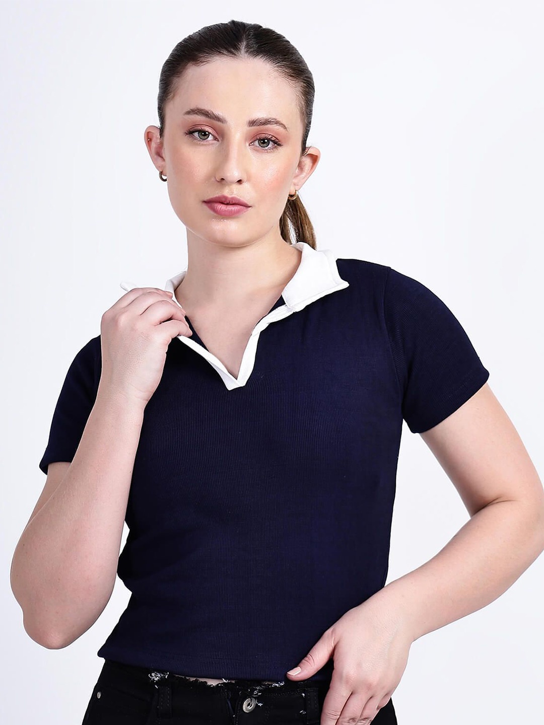 

TABADTOD Shirt Collar Short Sleeves Solid Top, Navy blue