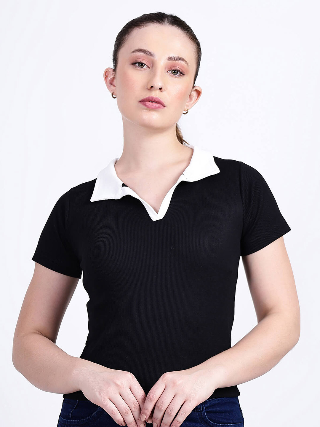 

TABADTOD Shirt Collar Fitted Crop Top, Black
