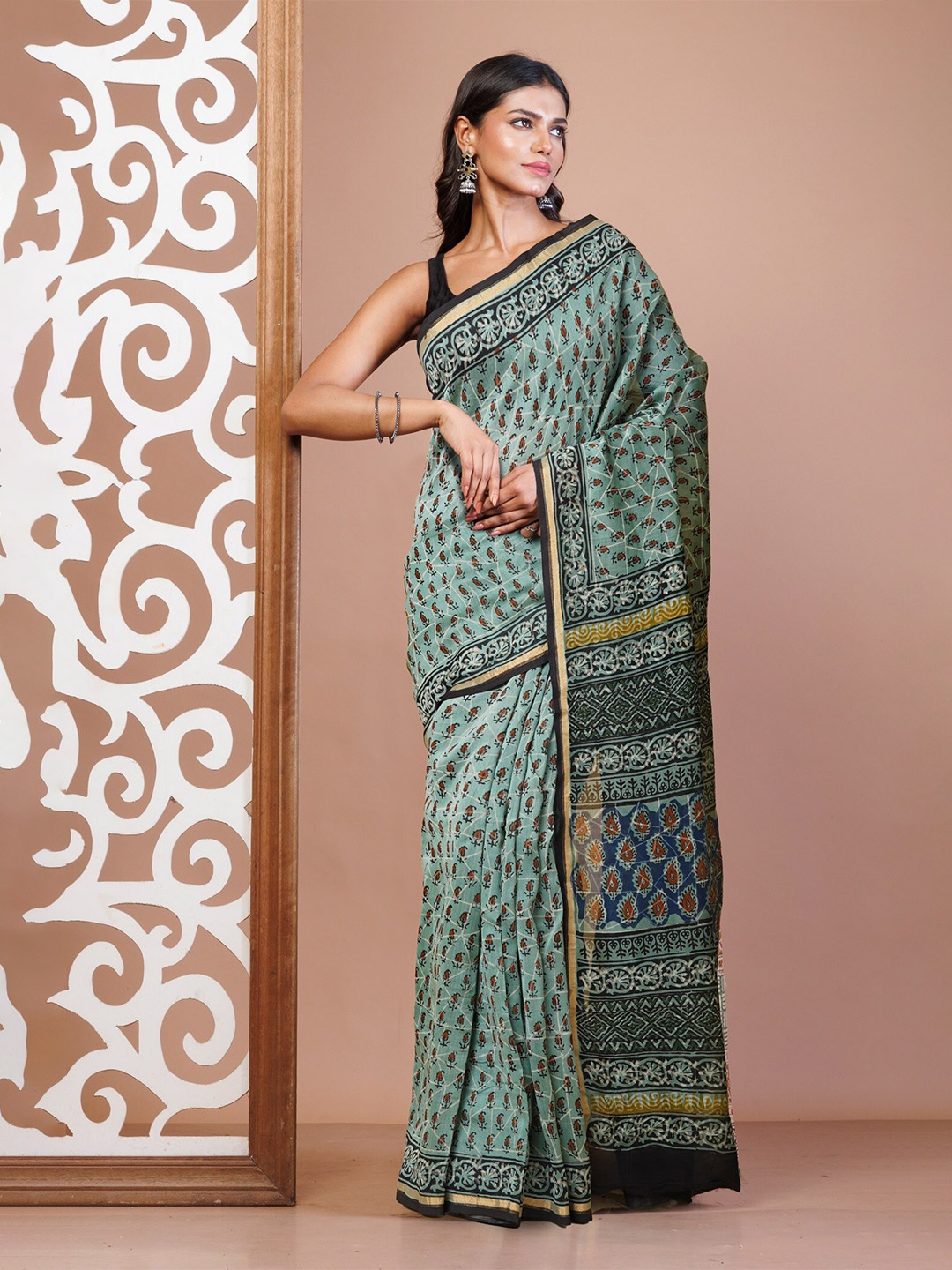 

Unnati Silks Kalamkari Zari Silk Cotton Chanderi Saree, Blue