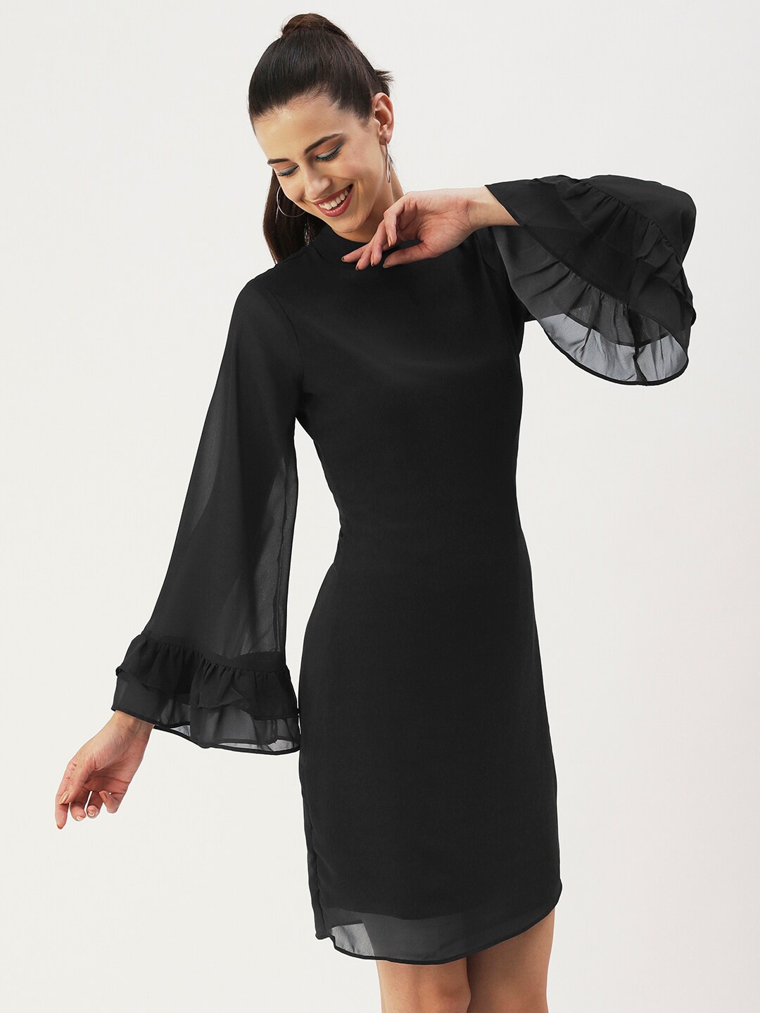 

DressBerry Black Mock Neck Bell Sleeve Straight Sheath Dress