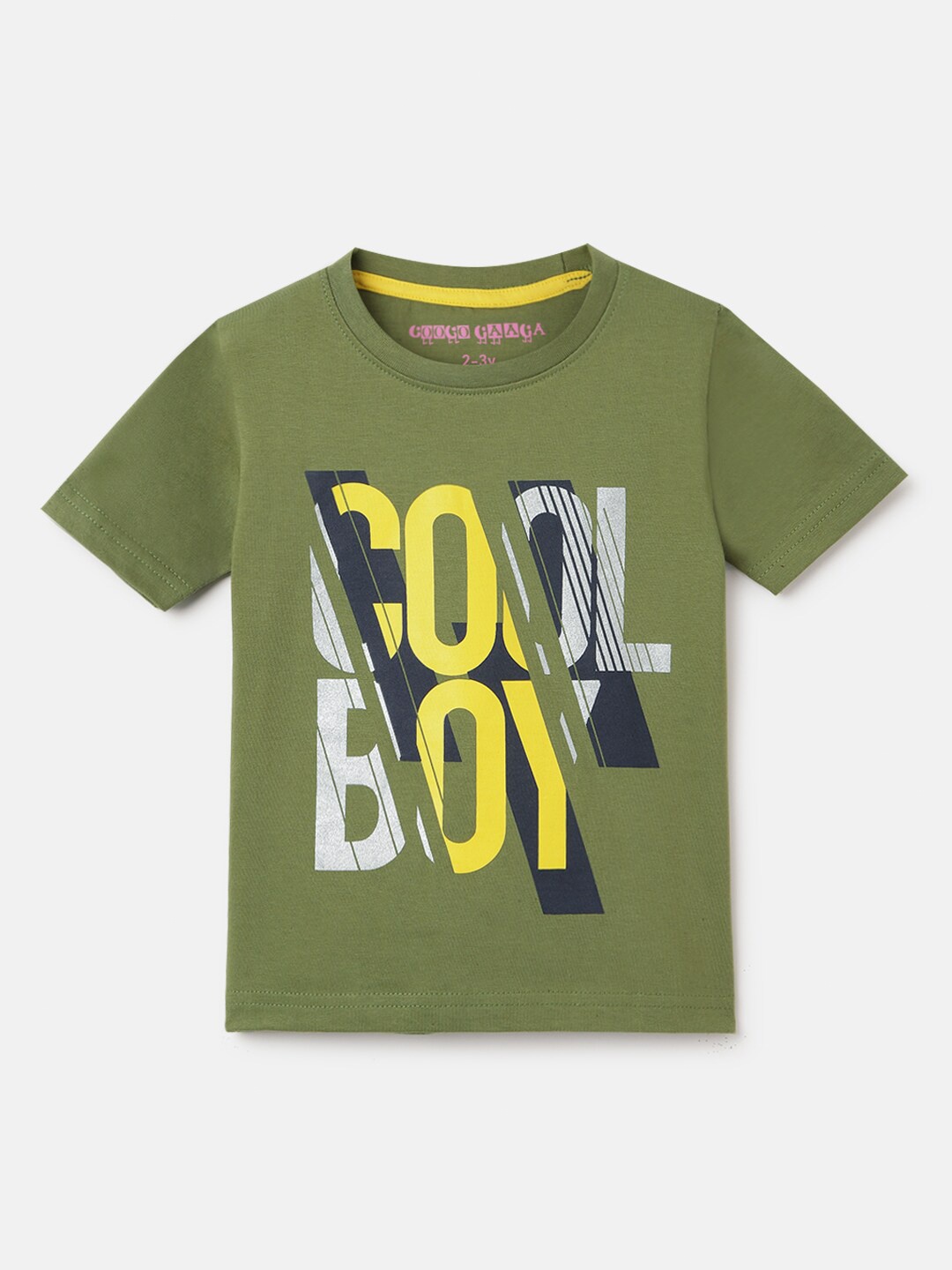 Googo Gaaga Boys Typography Printed Round Neck Short Sleeves Cotton T-shirt, Olive