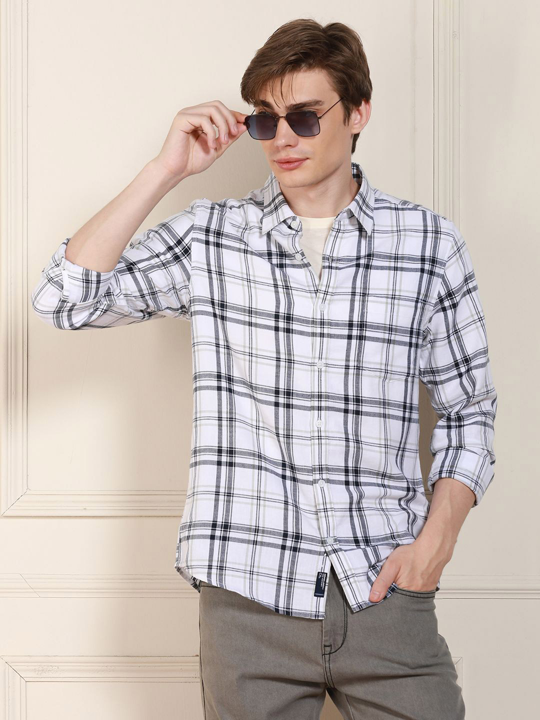 

Dennis Lingo Tartan Checks Cotton Casual Shirt, White