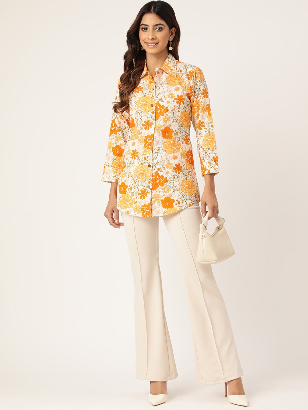 Molcha Plus Size Contemporary Floral Printed Shirt, Yellow