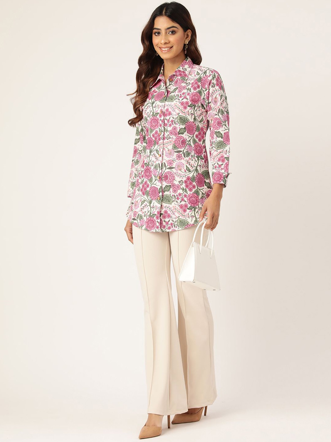 

Molcha Plus Size Contemporary Floral Printed Shirt, White