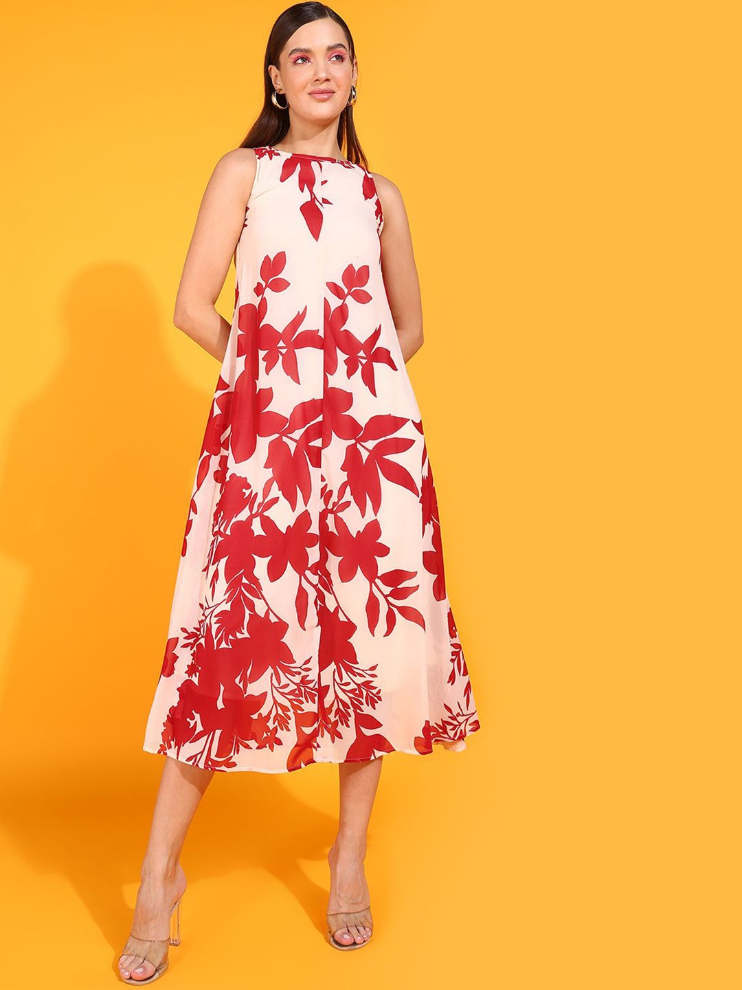 Fashfun Floral Print Georgette Fit & Flare Midi Dress, Cream