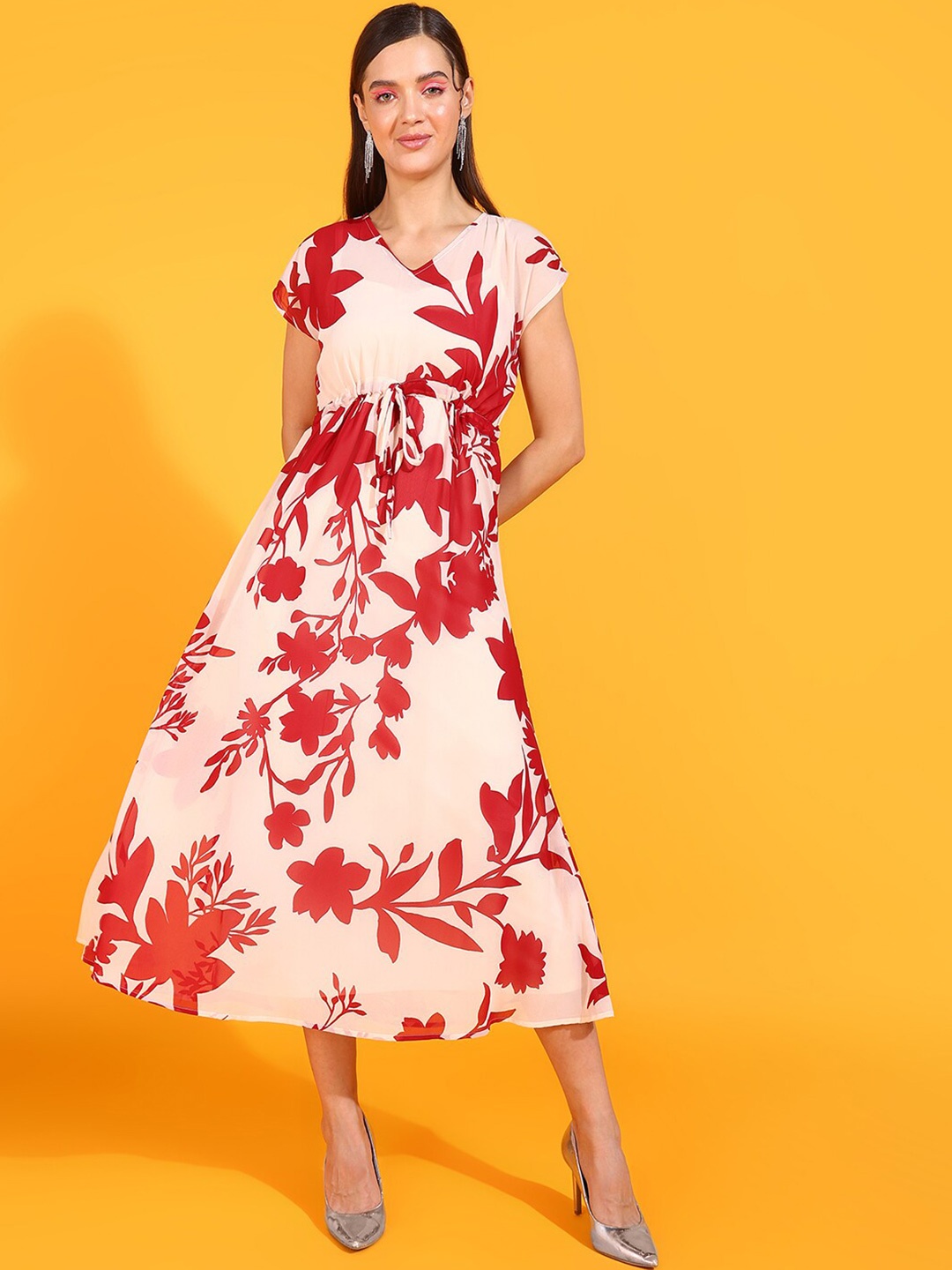 Fashfun Floral Print Georgette Fit & Flare Midi Dress, Cream