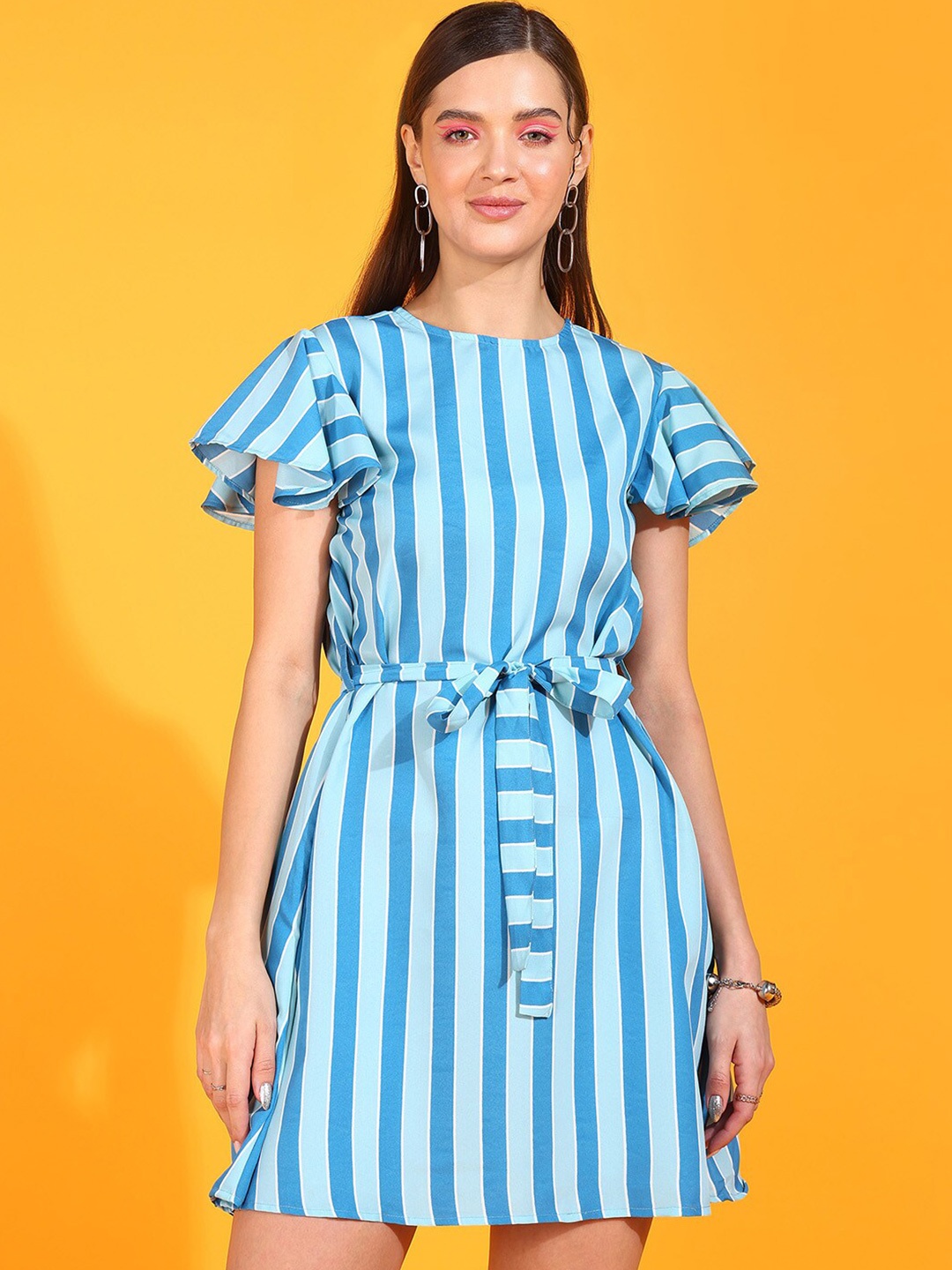

Fashfun Striped Flutter Sleeves Fit & Flare Dress, Blue