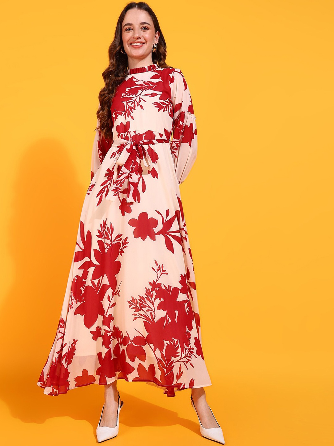 Fashfun Floral Printed High Neck Georgette Maxi Dress, Cream