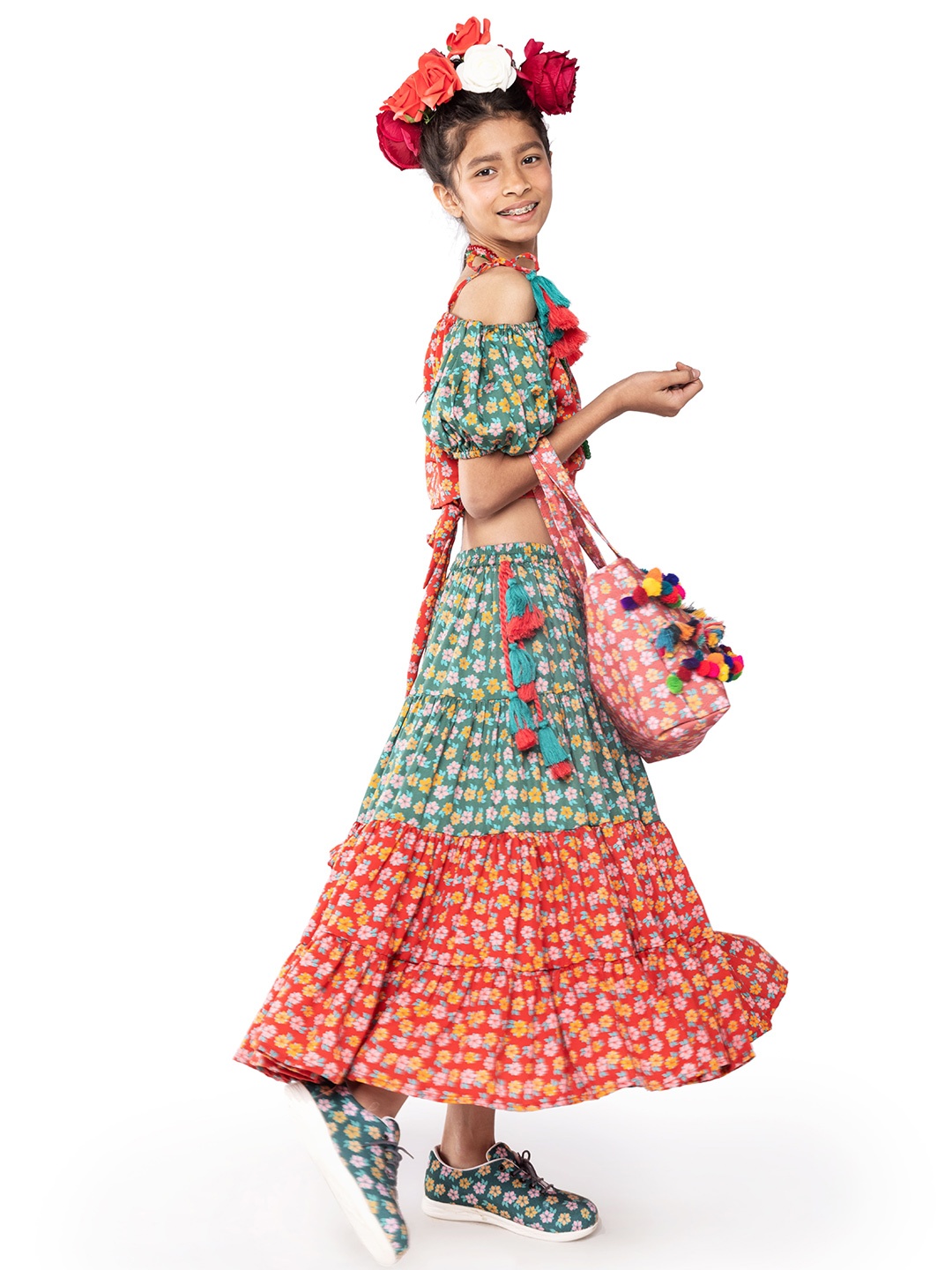 

BAESD Girls Printed Shoulder Straps Pure Cotton Top with Skirt, Red