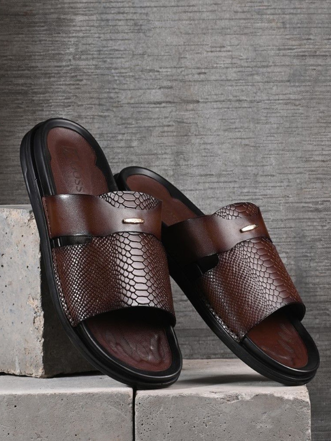 

Egoss Men Self Design Sliders, Brown