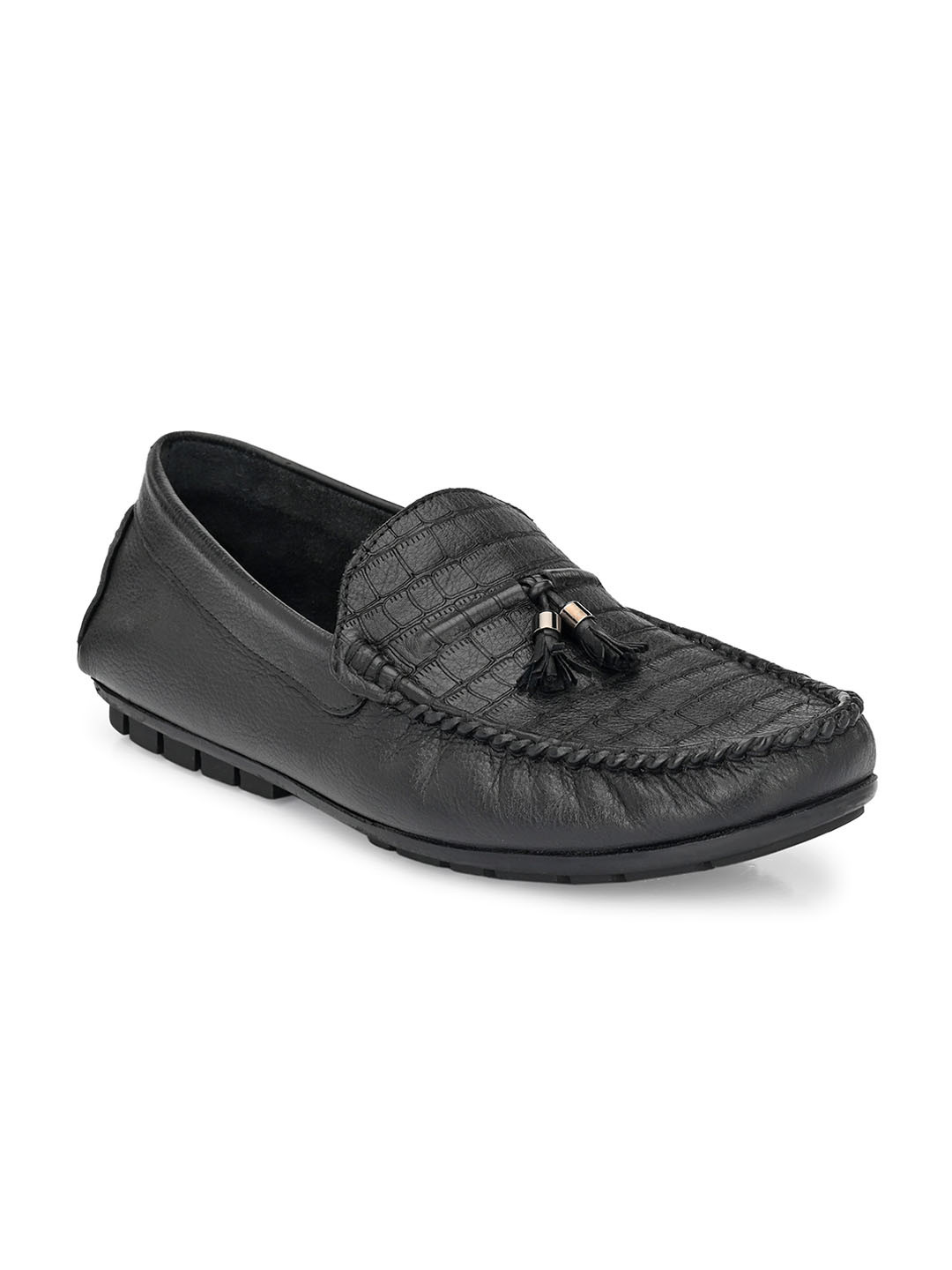 

Egoss Men Textured Tassels Detail Leather Loafers, Black