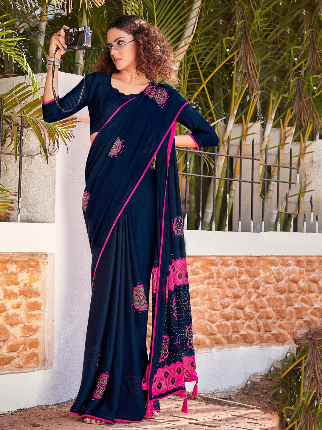 

Mitera Embellished Poly Chiffon Saree, Navy blue