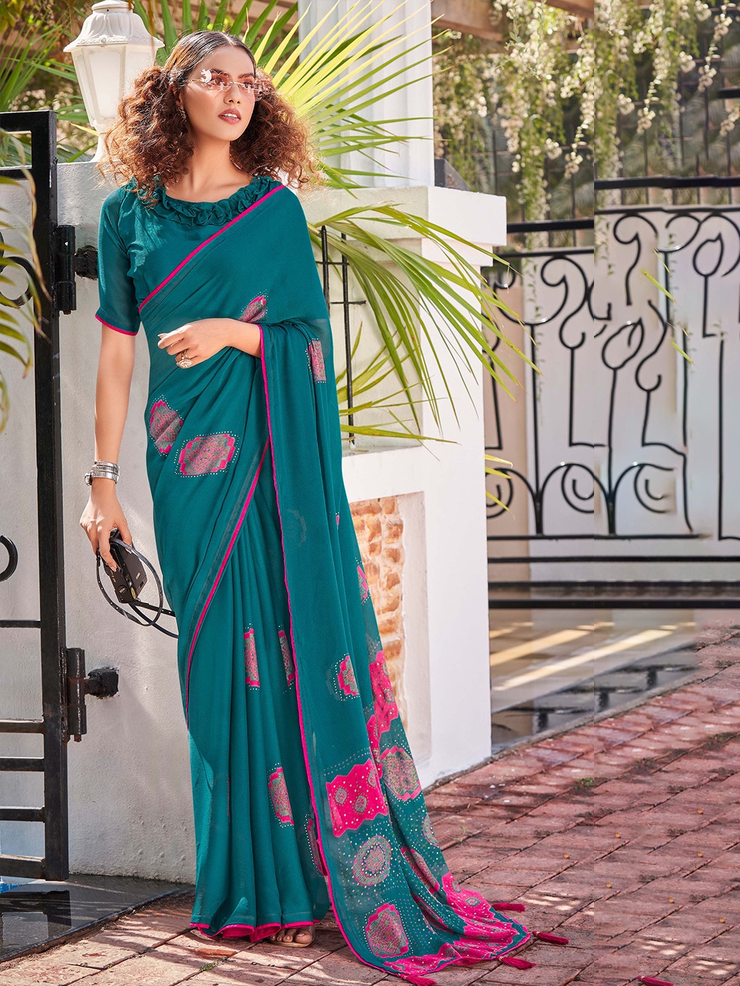 

Mitera Embellished Poly Chiffon Saree, Teal