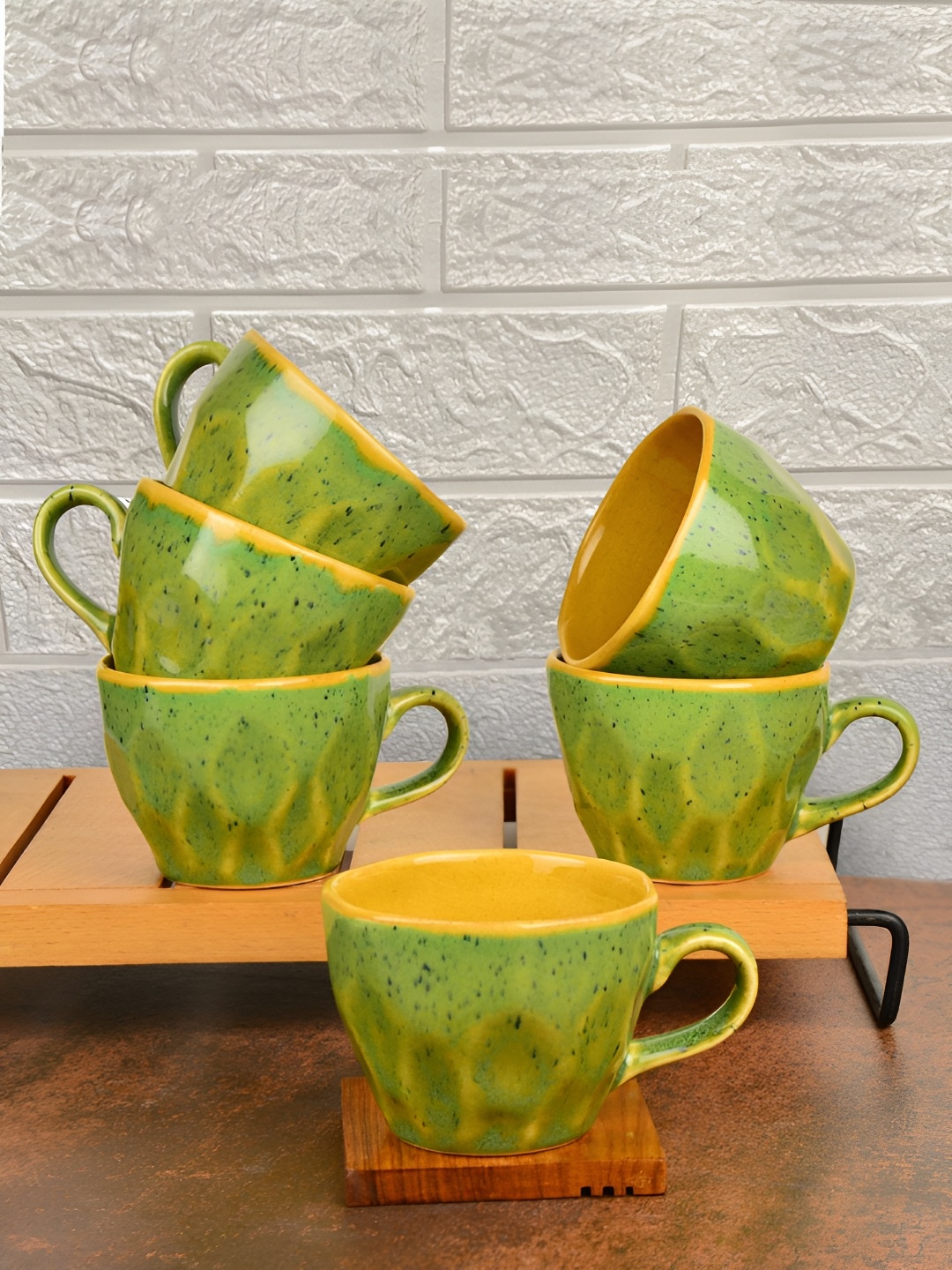 

StyleMyWay Green & Yellow 6Pcs Printed Ceramic Glossy Cups 200 ml Each