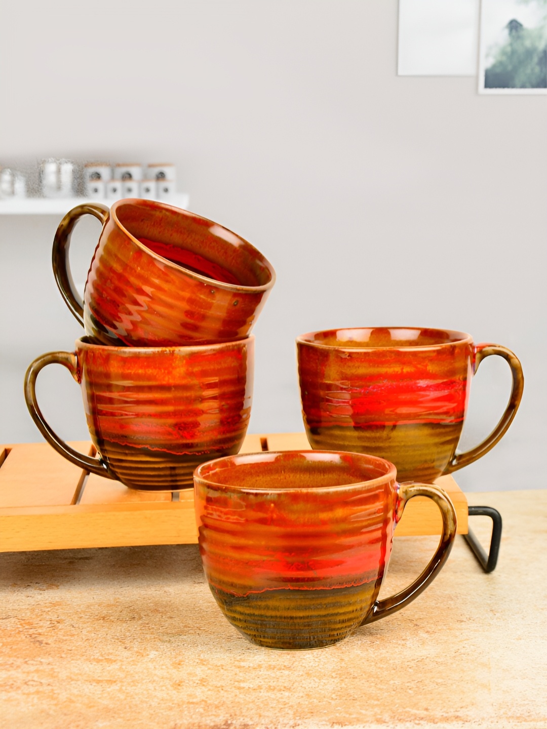 

StyleMyWay Red 4Pcs Ceramic Ombre Glossy Soup Cups 350 ml Each