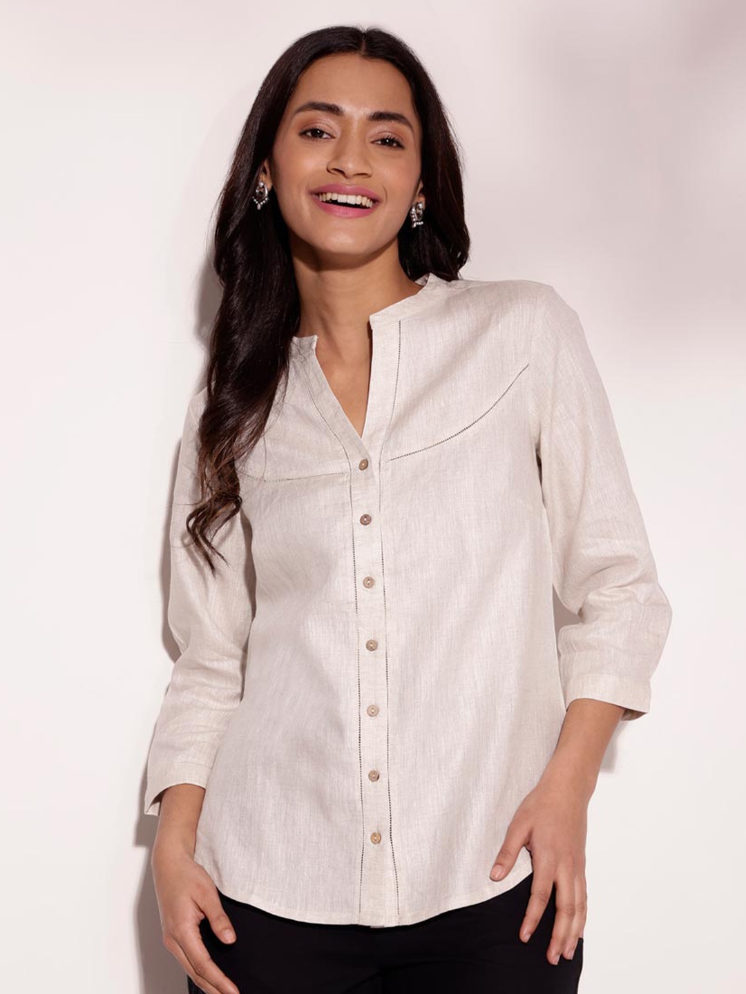 

Fabindia Mandarin Collar Linen Shirt, Beige