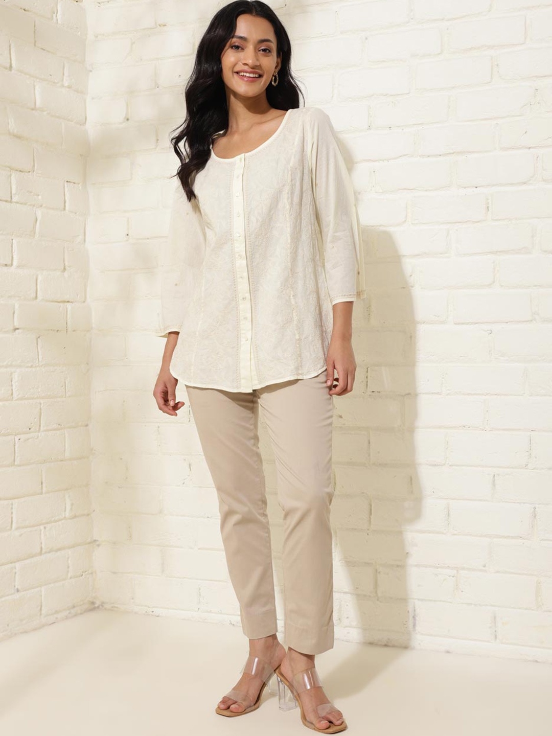 

Fabindia Embroidered Cotton Shirt Style Top, Off white