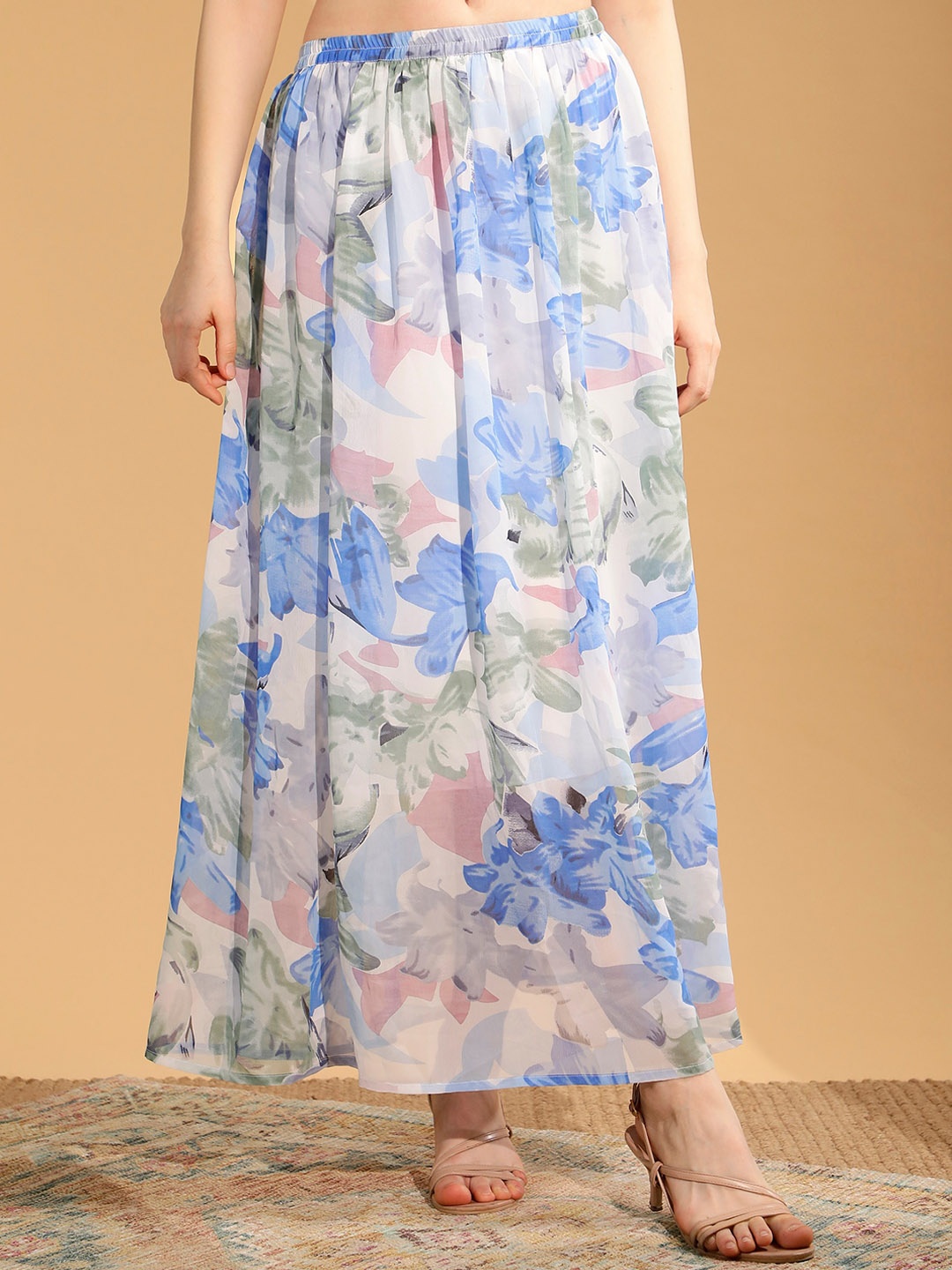 

NUEVOSDAMAS Floral Printed A-Line Maxi Skirt, Blue