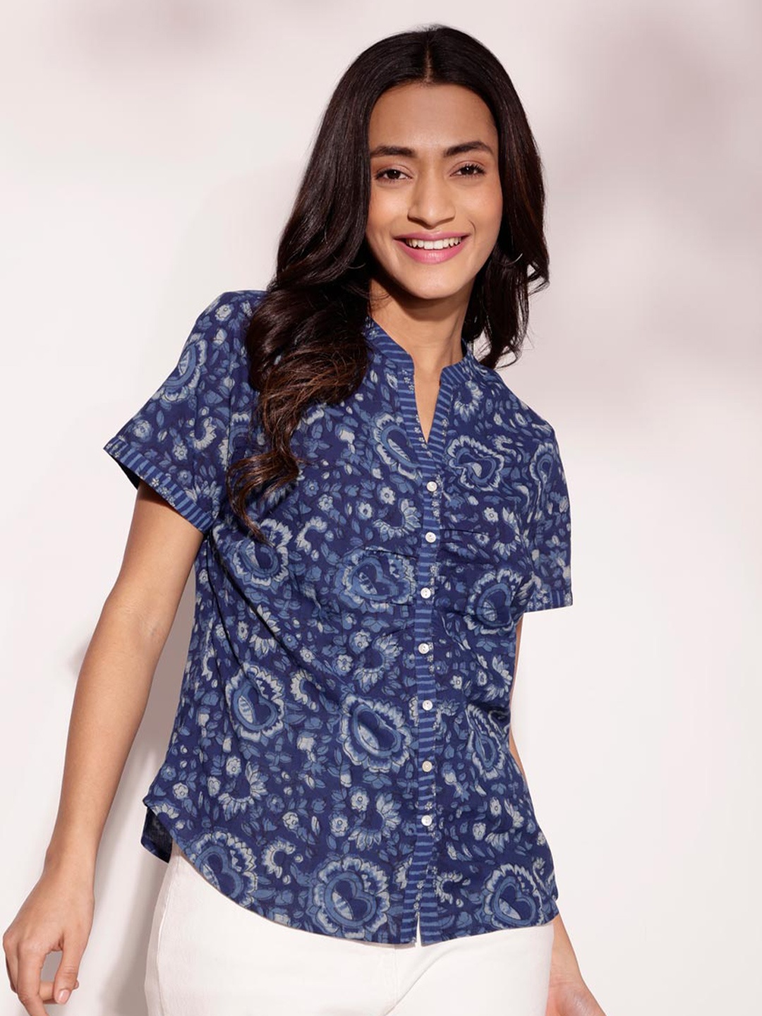 

Fabindia Floral Printed Mandarin Collar Cotton Shirt Style Top, Blue