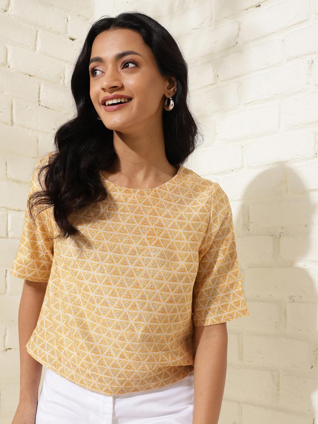 

Fabindia Floral Printed Cotton Silk Top, Yellow