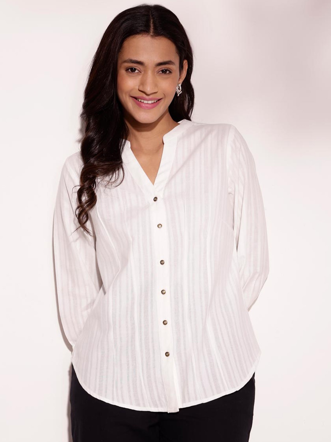 

Fabindia fashion Cuffed Sleeves Mandarin Collar Cotton Top, White