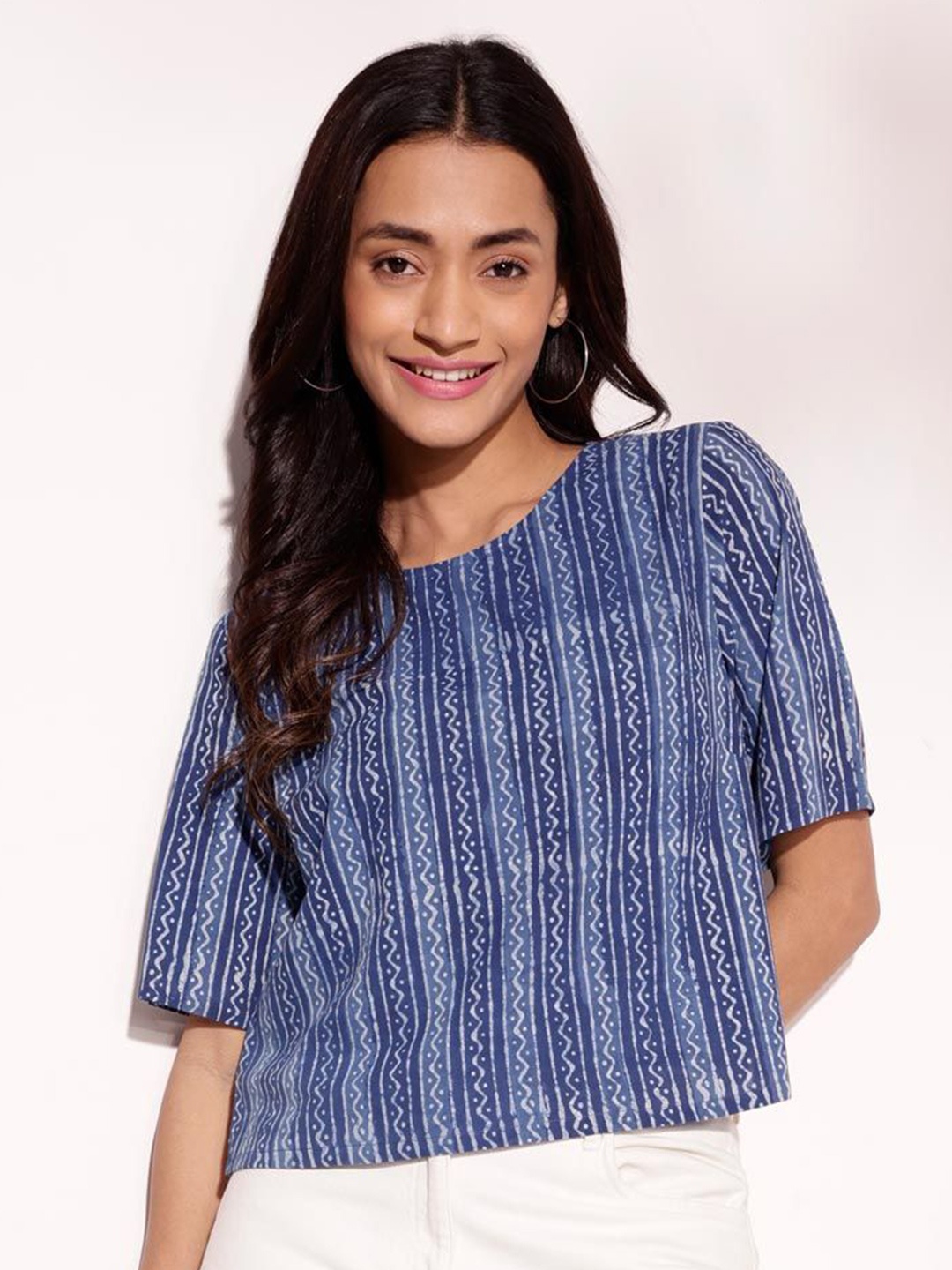 

Fabindia Geometric Printed Cotton Boxy Top, Blue
