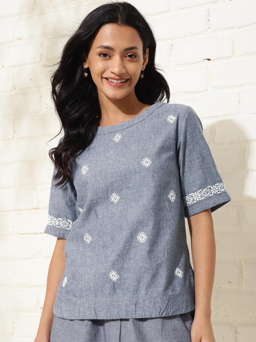 

Fabindia Floral Embroidered Cotton Top, Blue