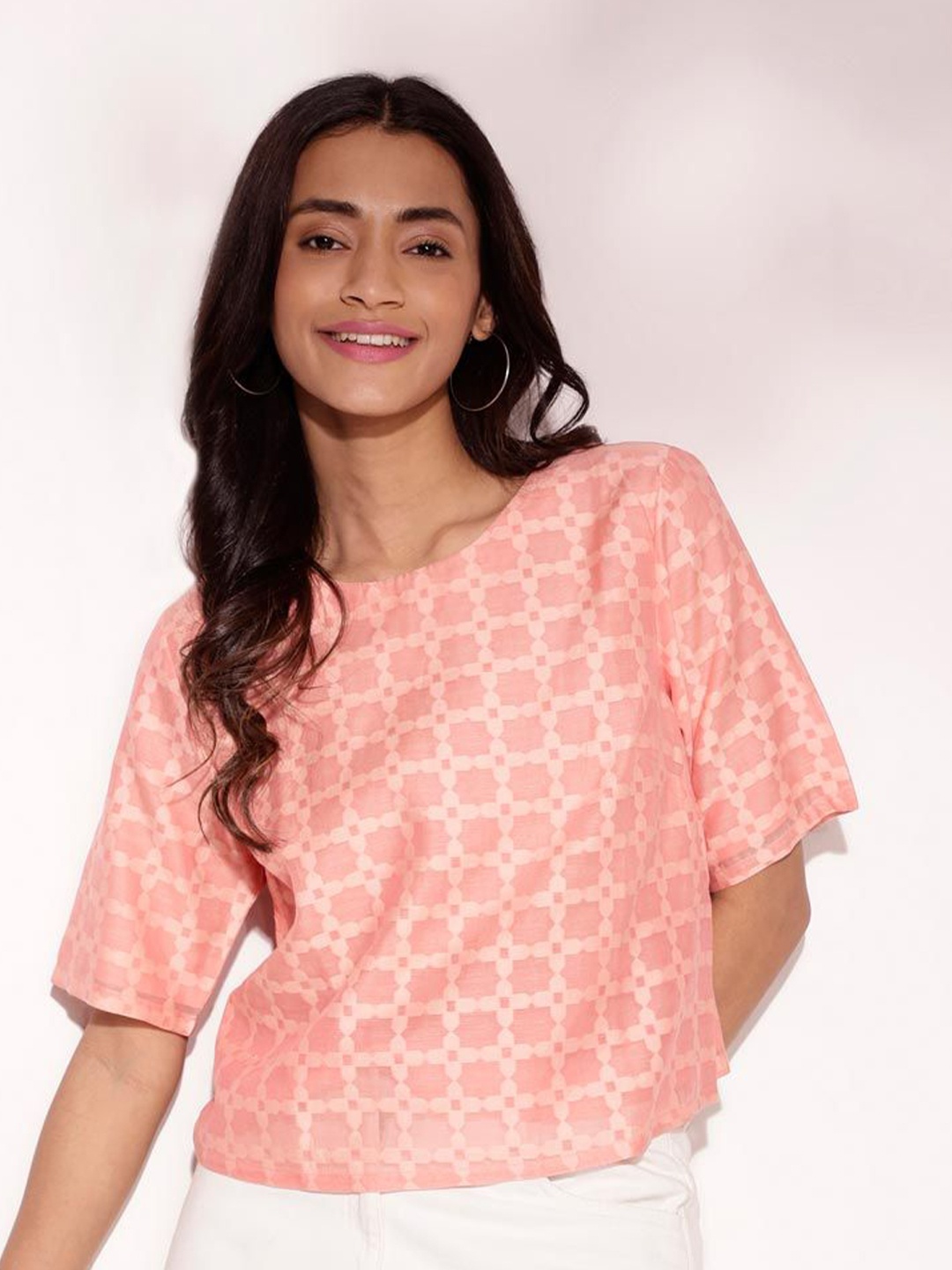 

Fabindia Printed Cotton Boxy Top, Peach