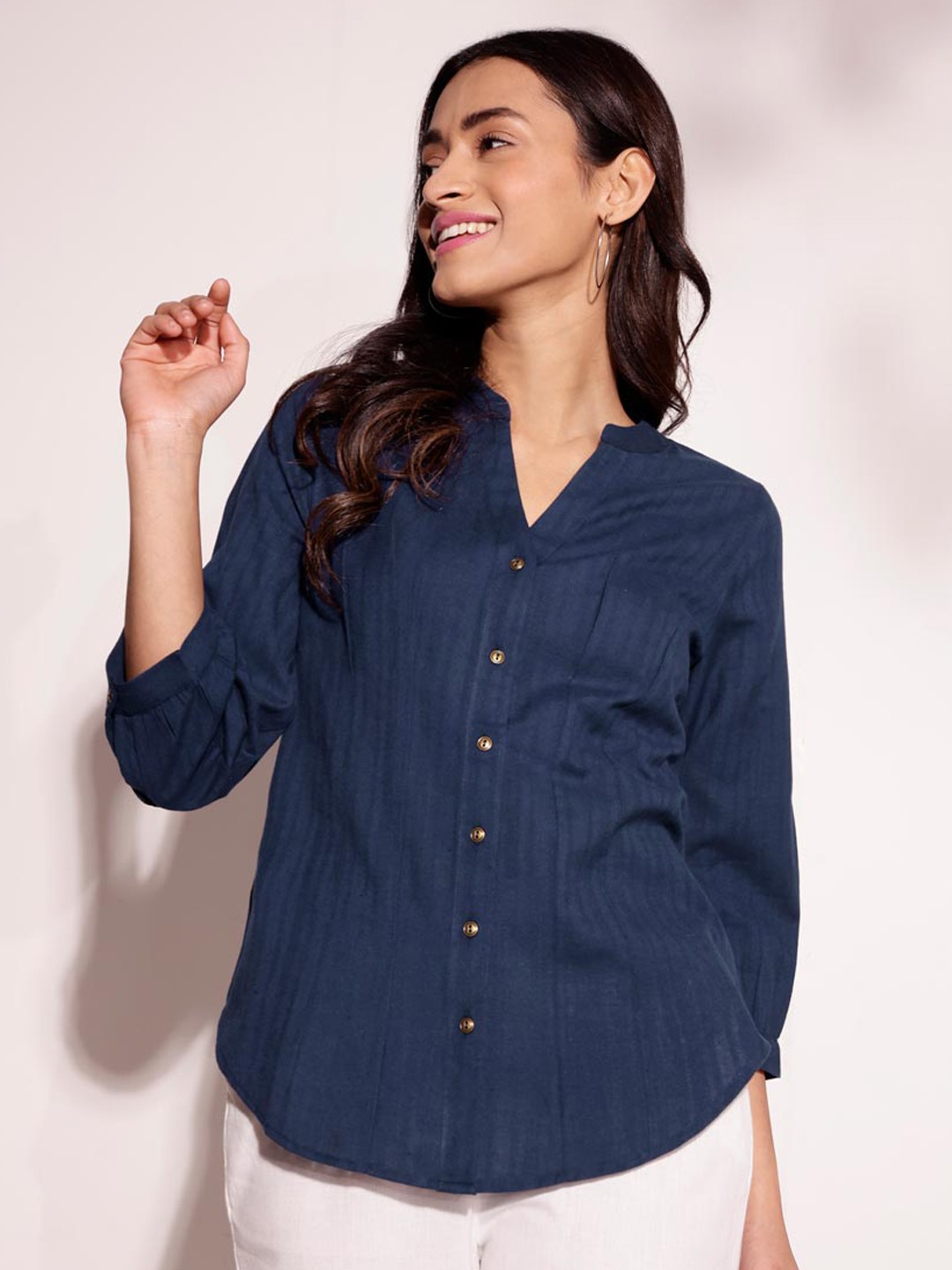 

Fabindia Vertical Stripes Mandarin Collar Cotton Top, Blue