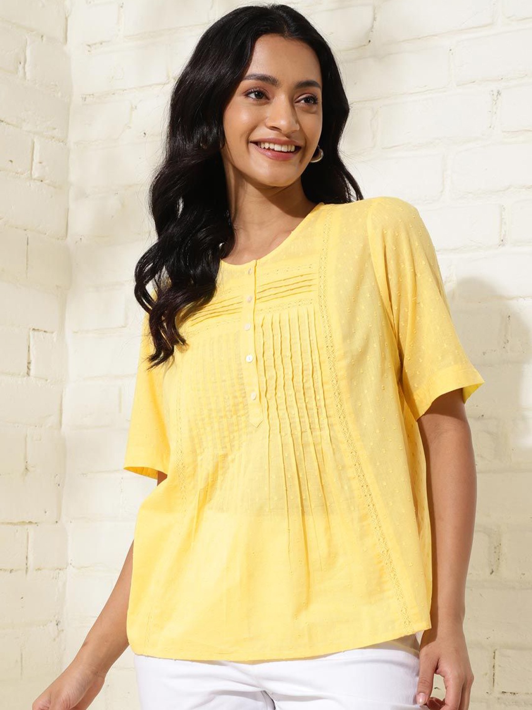 

Fabindia Self Design Cotton Top, Yellow