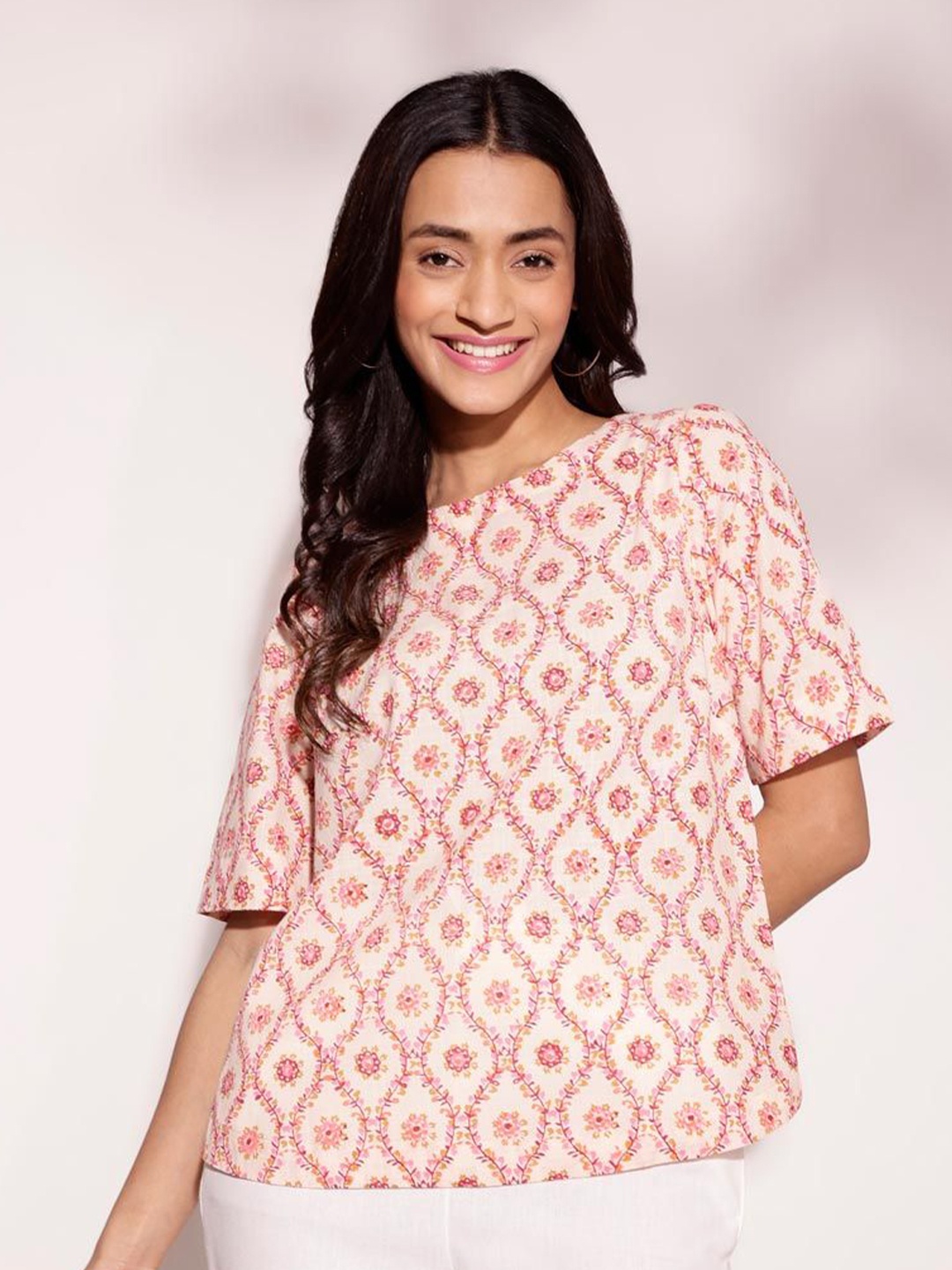 

Fabindia Ethnic Motifs Printed Cotton Top, Orange