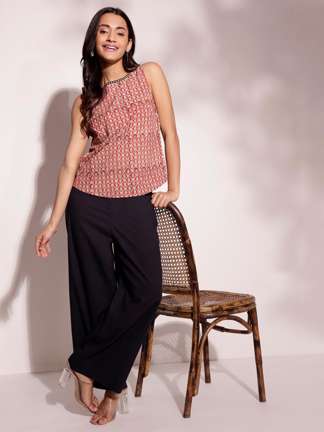 

Fabindia Printed Sleeveless Round Neck Cotton Top, Red